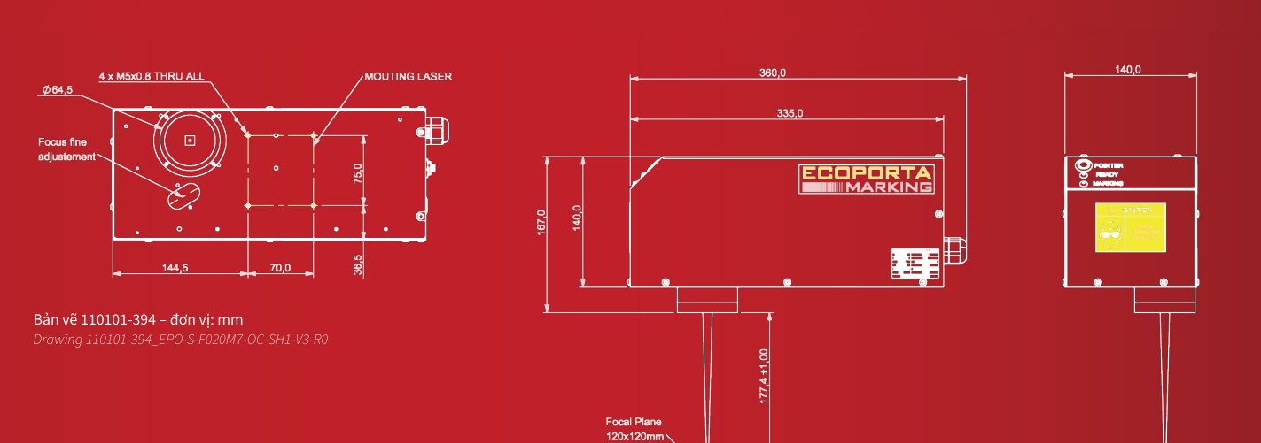 Dimension drawing of Namson EcoPorta 20W MOPA laser marker