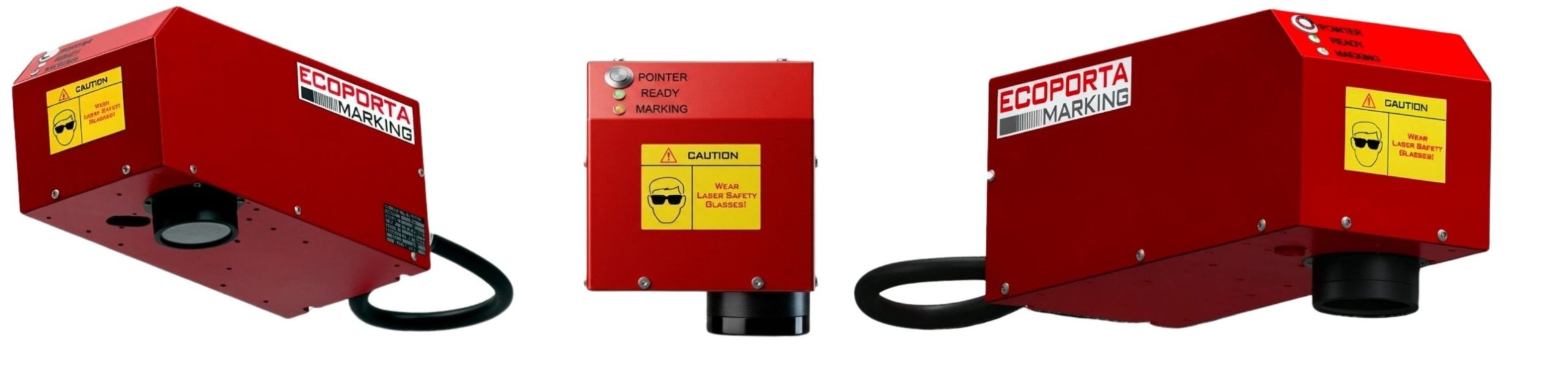 Namson EcoPorta 20W MOPA laser marker seen from three angles: side, front and marking head
