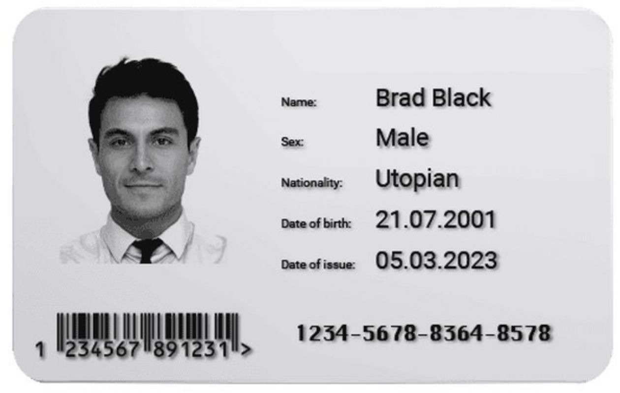 Sample ID card with a portrait and barcode marked by the Namson EcoPorta 20W MOPA laser marker